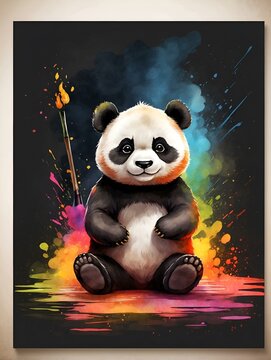 Vibrant digital artwork of a panda holding a paintbrush, with a splash of colorful paint strokes in the background