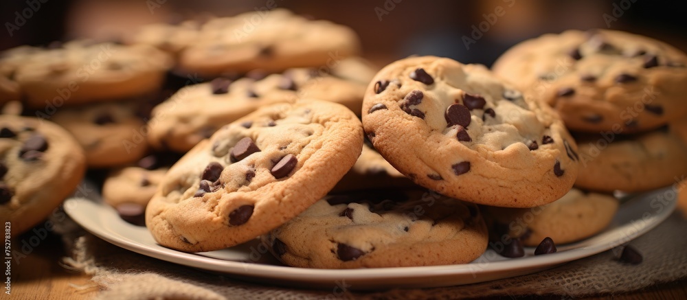 Poster scrumptious plate of homemade chocolate chip cookies on a rustic table setting