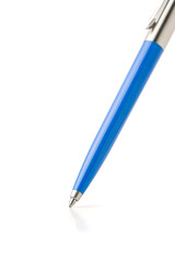 Blue plastic and metal ballpoint pen on white isolated background