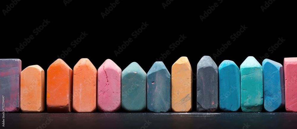 Poster vibrant array of colorful chalks lined up on a dark blackboard background