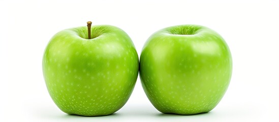 Vibrant Duo: Pair of Fresh Green Apples in Close-Up View on White Background