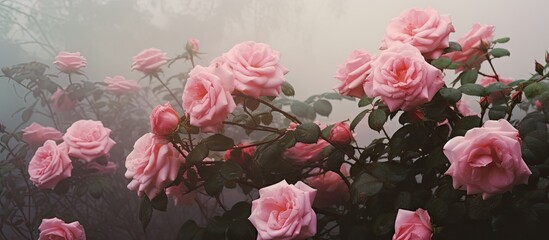 Enchanting Pink Roses Blossoming in the Ethereal Misty Fog of a Dreamy Garden