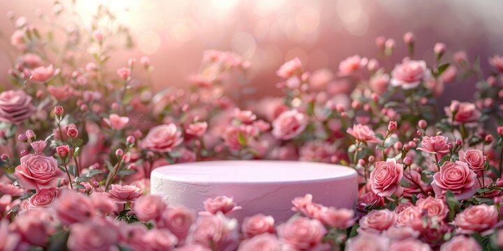 Pink 3D Spritz Podium Background Flower Rose Product. Generative Ai