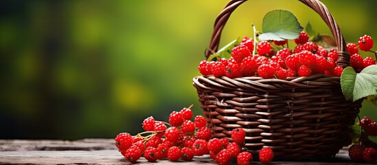 Ripe Red Currants Overflowing in a Rustic Woven Basket on Wooden Table