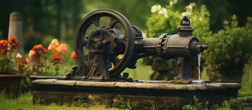 Rustic Water Pump with Wooden Spering Wheel in Vintage Farm Setting