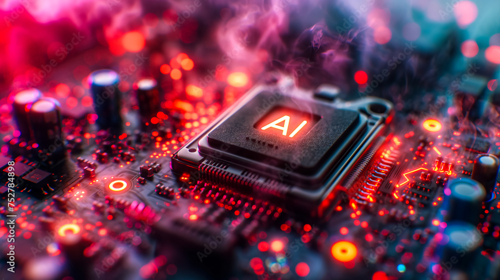 Poster advanced computer processor chip with ai acceleration is burning in dark digital environment.