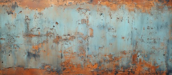 A close-up view of a weathered metal surface covered in rust, with patches of blue and brown paint peeling off. The deteriorating paint creates a striking contrast against the rusty background.