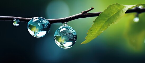 Glistening Dew Drops Adorn Lush Green Branch in Tranquil Natural Setting