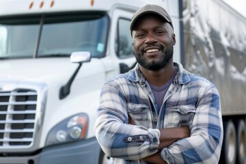 Confident Black American truck driver standing in front of his truck