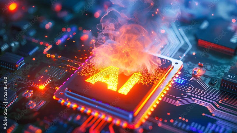 Poster advanced computer processor chip with ai acceleration is burning in dark digital environment.
