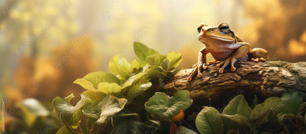 Wall mural Curious Green Frog Perched on a Lush Branch Surrounded by Vibrant Leaves in the Wild