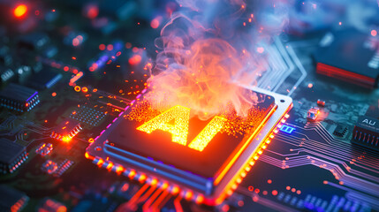 Advanced computer processor chip with AI acceleration is burning in dark digital environment. - obrazy, fototapety, plakaty