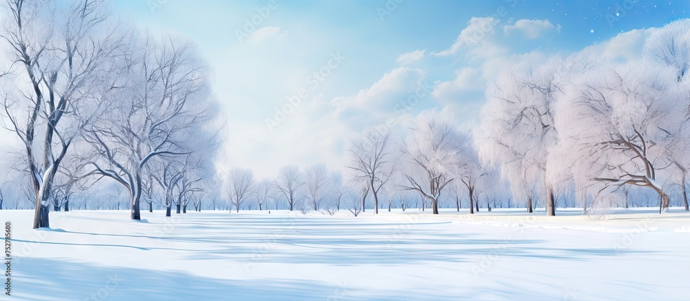 Poster Tranquil Winter Wonderland: Untouched Snowy Landscape with Majestic Forest and Clear Blue Sky