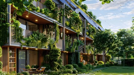 Nature-Inspired Residential Building with Greenery and Planters, To showcase a modern, eco-friendly residential building design that integrates