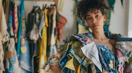 Curly Haired Woman Styled in Mixed Fabric Clothes, To showcase a unique and sustainable approach to fashion through the use of mixed fabric pieces