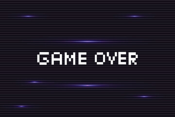 GAME OVER .Synthwave wireframe net illustration. pixel art .8 bit game. retro game. for game assets .Retro Futurism Sci-Fi Background. glowing neon grid. and stars.