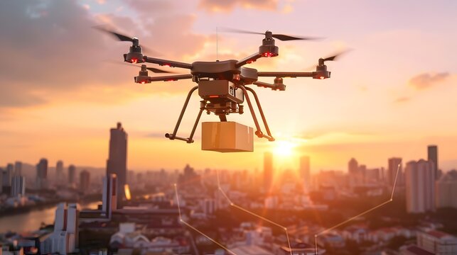 A drone delivering packages in the sky, To showcase the efficiency and modernity of drone delivery services in urban areas