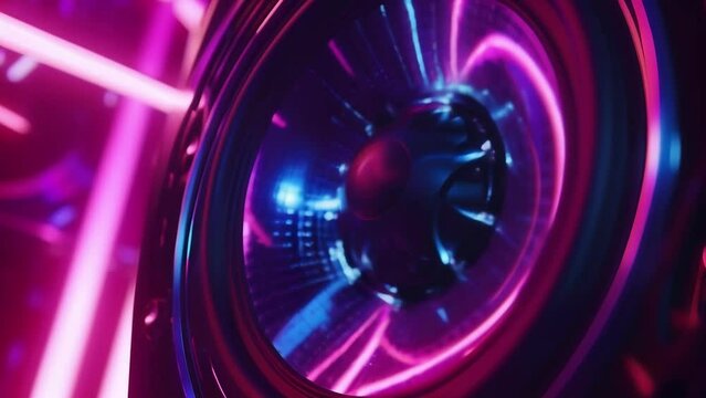 Seventh footage The camera zooms in on the speaker cone showing the neon lights glowing from within giving off an otherworldly and mesmerizing effect.