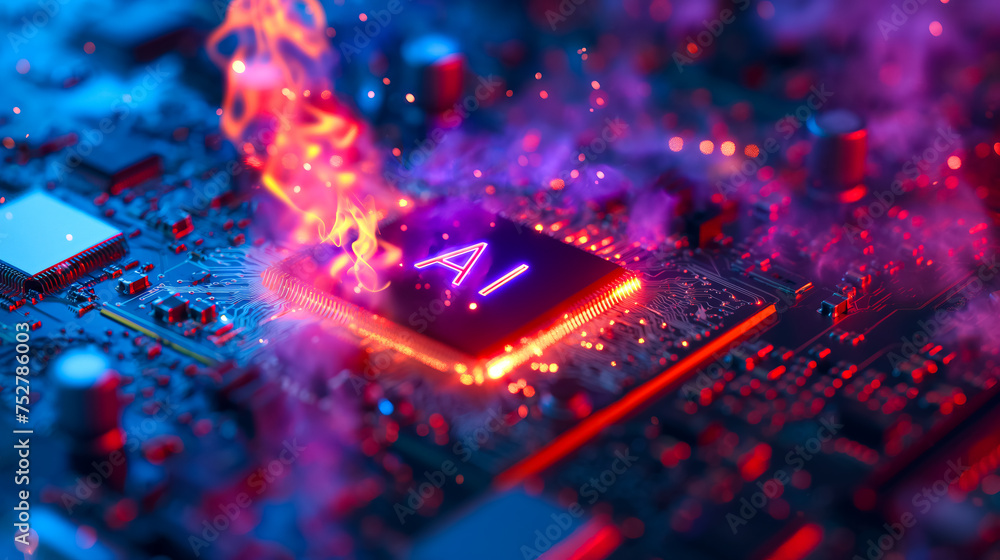 Poster advanced computer processor chip with ai acceleration is burning in dark digital environment.