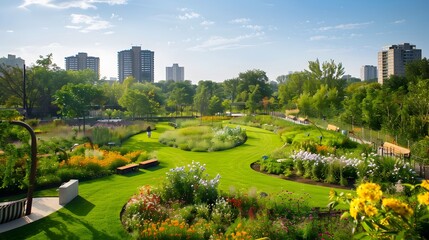 Obraz premium Urban Oasis A Vibrant Flower Garden in the City, To showcase the beauty and importance of urban gardens and green spaces, and to inspire creativity