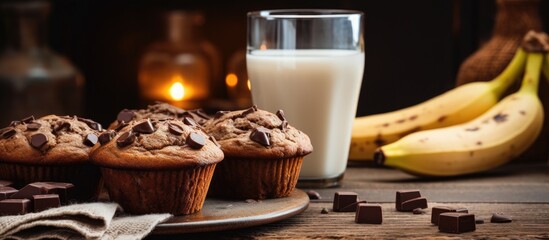 Indulgent Treat: Tempting Plate of Chocolate Muffins with Side of Fresh Milk for a Sweet Snack