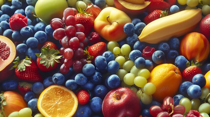 background of various healthy fresh fruits and berries, top view, close up. Healthy eating concept....
