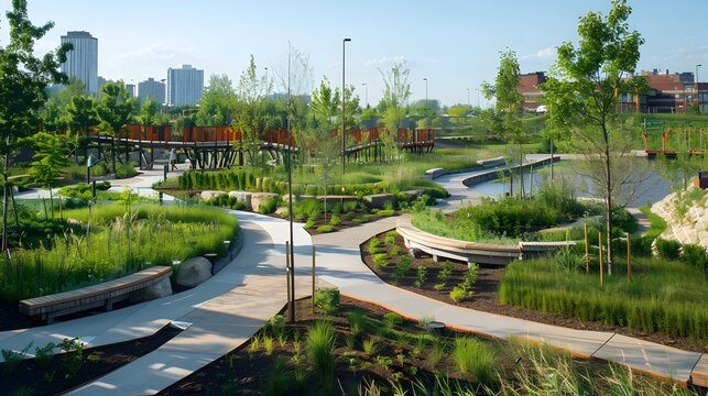 Lakefront Park with Playful Streamlined Forms, To showcase the beauty and tranquility of a lakefront park with a modern and playful design, promoting