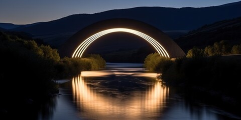 Beneath the majestic arch bridge, a tunnel emerges, its reflection mirrored in the tranquil waters below, creating a mesmerizing visual spectacle - obrazy, fototapety, plakaty