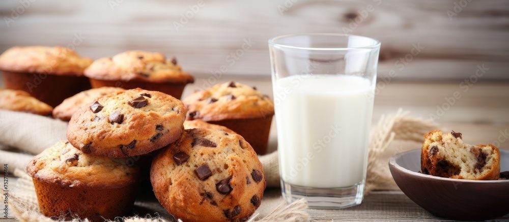 Poster Delicious Chocolate Chip Muffins Served with a Glass of Fresh Milk for Indulgent Snack Time