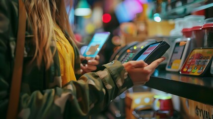 Women Using Smartphones to Pay in Stylish Bars and Restaurants, To showcase the modern and convenient payment technology of smartphones in various