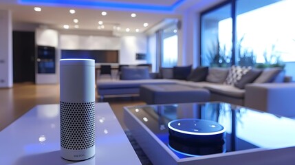 High-Tech Futurism Amazon Alexa Speaker in Living Room, To convey the concept of modern technology and home automation, with a focus on the popular