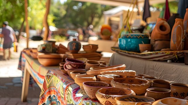 Handmade Pottery Outdoor Display in Fusion of Mexican and American Cultures, To showcase a unique and beautiful outdoor display of handmade pottery,