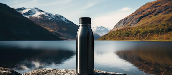 Serene Outdoor Adventure: Thermos Bottle Resting on a Rock by a Tranquil Lake - obrazy, fototapety, plakaty