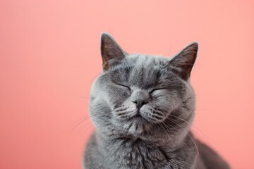 Grey cat with eyes closed on pink background. Cute pet concept. Design for banner, poster. Studio portrait