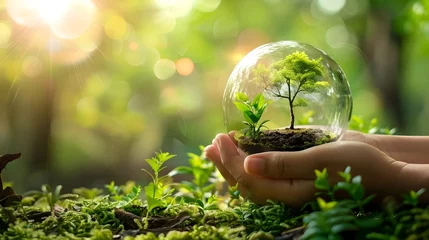 Foto op Plexiglas Childs Hand Holding a Glass Ball with a Tree Inside, To promote the importance of sustainability and eco-friendly living through a whimsical and © pkproject