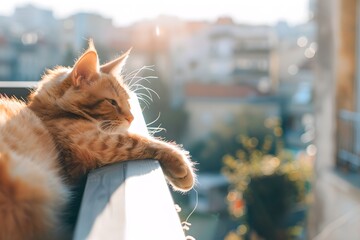 Ginger cat relaxing on a balcony railing. Cute pet concept. Design for banner, poster with copy space