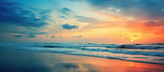 Naklejka na ściany i meble Mesmerizing Ocean Sunset with Majestic Waves in a Serene Evening Scene