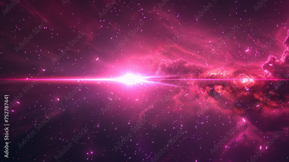 Poster A vibrant purple cosmic scene with a bright laser beam and starry nebula clouds.