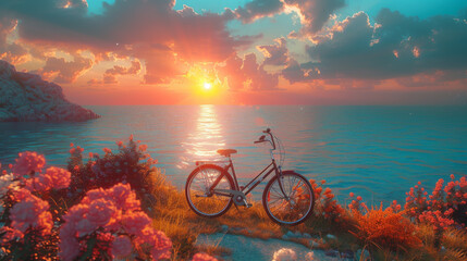 beautiful landscape image with Bicycle at sunset.