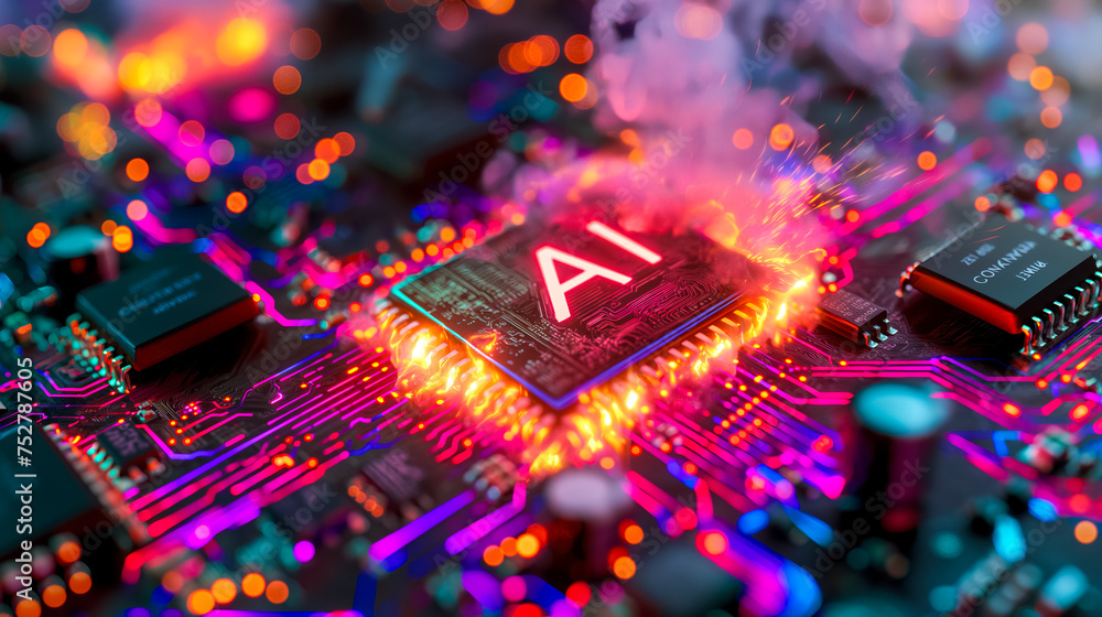 Poster advanced computer processor chip with ai acceleration is burning in dark digital environment.