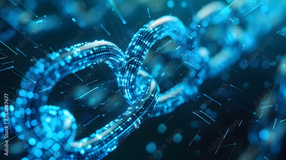 Poster abstract image of cryptocurrency chain with blue lights, to convey the concept of cryptocurrency and