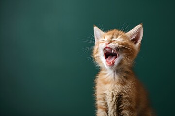 Ginger kitten yawning on green background. Cute pet concept. Design for banner, poster. Studio portrait with copy space - obrazy, fototapety, plakaty