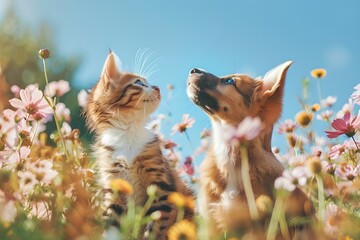 Kitten and puppy looking upward sitting among flowers. Friendship concept. Cute pets. Design for...