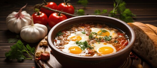 Savory Bowl of Soup Garnished with Eggs and Bread - Comforting Homemade Meal
