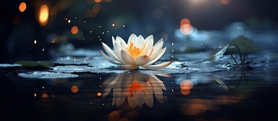 Serene White Lotus Blossom Floating Gracefully on Mysterious Dark Water Surface