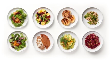 Culinary Variety: Various Plates of Food Isolated on a White Background