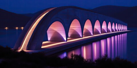 In the stillness of the night, the river bridge's lights cast a mesmerizing reflection, painting the water's surface with a radiant glow
