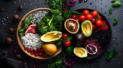 Panorama of fresh vegetables on black background, healthy food and nutrition concept