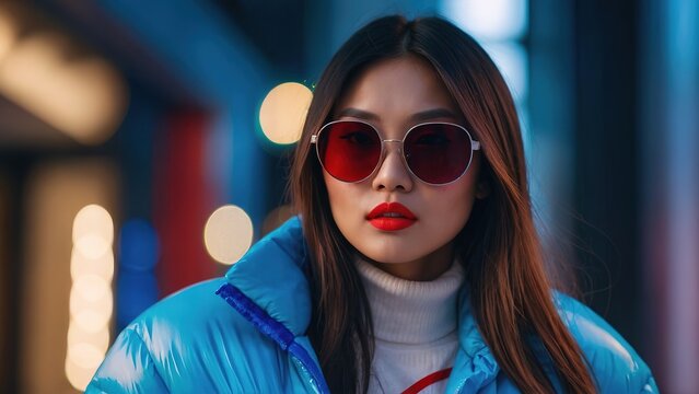 Fashion asian girl with a blue glowing neon puffer jacket and modern glasses