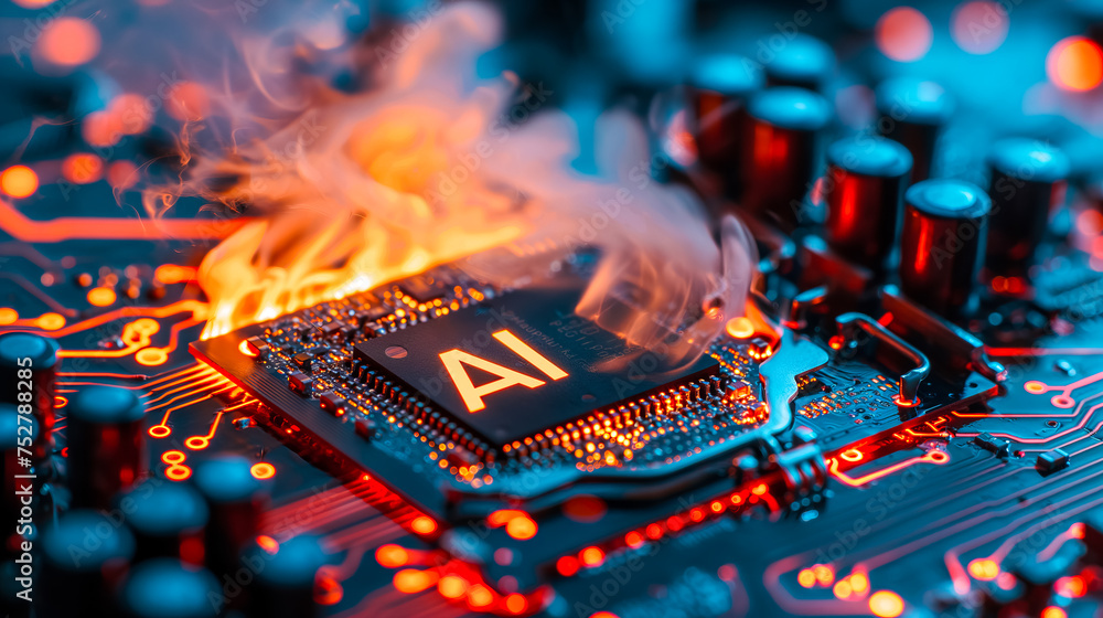 Poster advanced computer processor chip with ai acceleration is burning in dark digital environment.